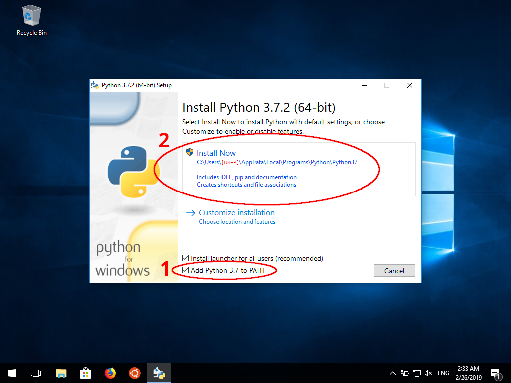 Screenshot of Python 3.7 (64-bit) installer with PATH checked
